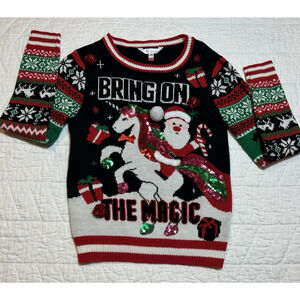 Ugly Christmas Sweater Women's "Bring On The Magic" Santa Riding Unicorn Small